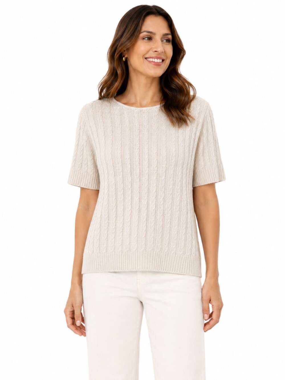 Sutton Studio Silk Cashmere Cable Knit Short Sleeve Sweater Taupe M
